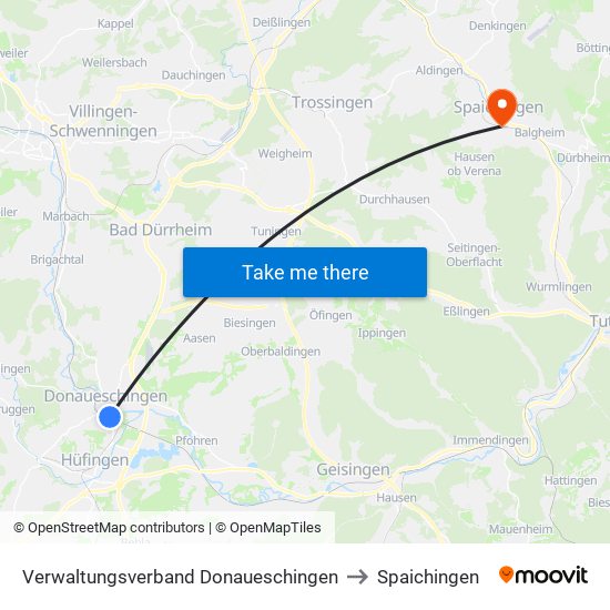 Verwaltungsverband Donaueschingen to Spaichingen map