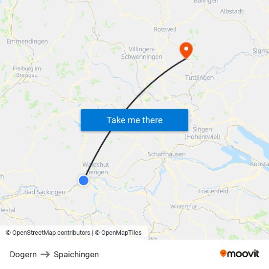 Dogern to Spaichingen map