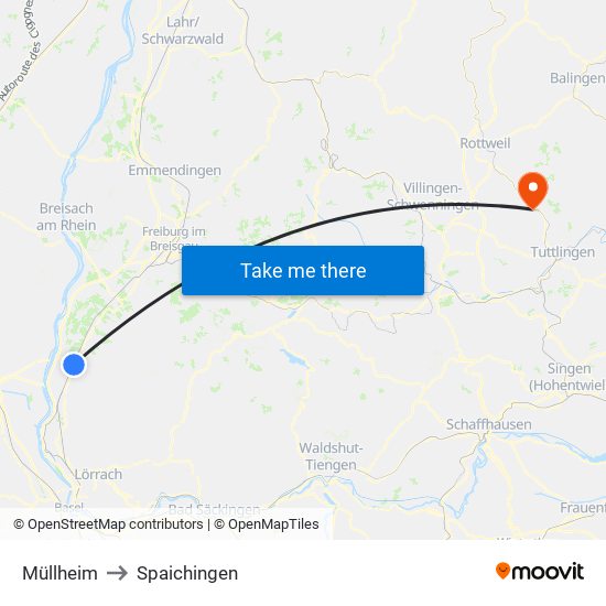 Müllheim to Spaichingen map