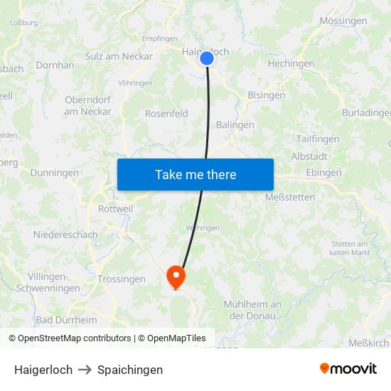 Haigerloch to Spaichingen map