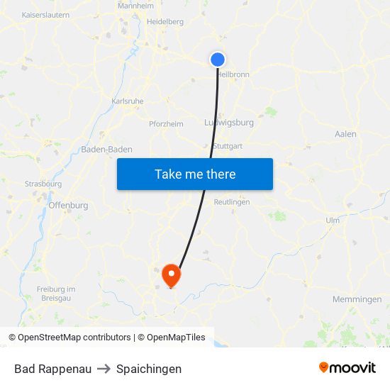 Bad Rappenau to Spaichingen map