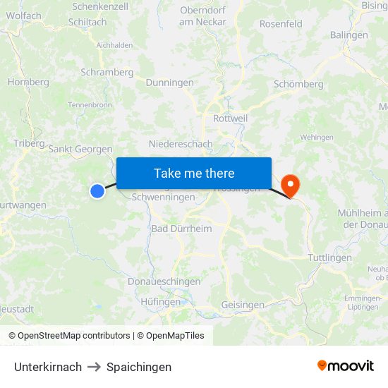 Unterkirnach to Spaichingen map