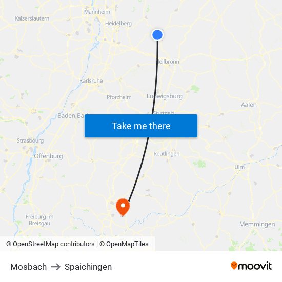 Mosbach to Spaichingen map