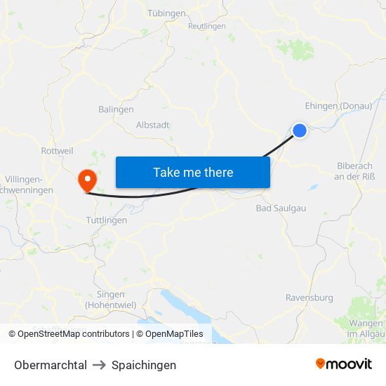 Obermarchtal to Spaichingen map