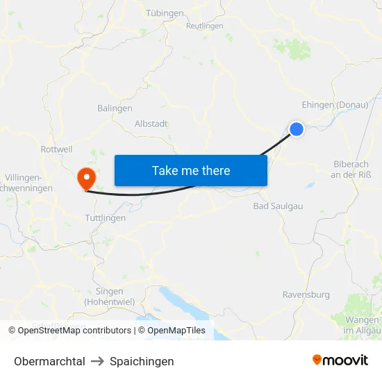 Obermarchtal to Spaichingen map