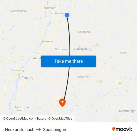 Neckarsteinach to Spaichingen map