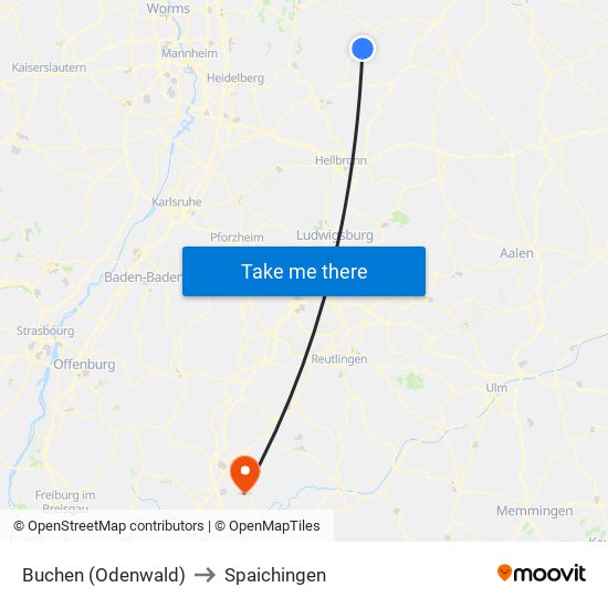 Buchen (Odenwald) to Spaichingen map