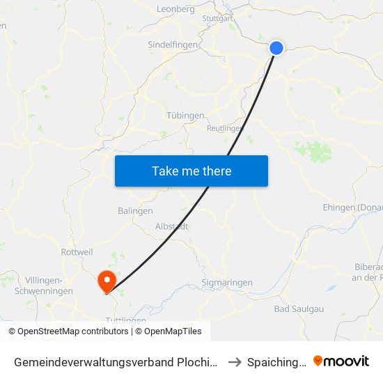 Gemeindeverwaltungsverband Plochingen to Spaichingen map