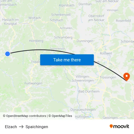 Elzach to Spaichingen map