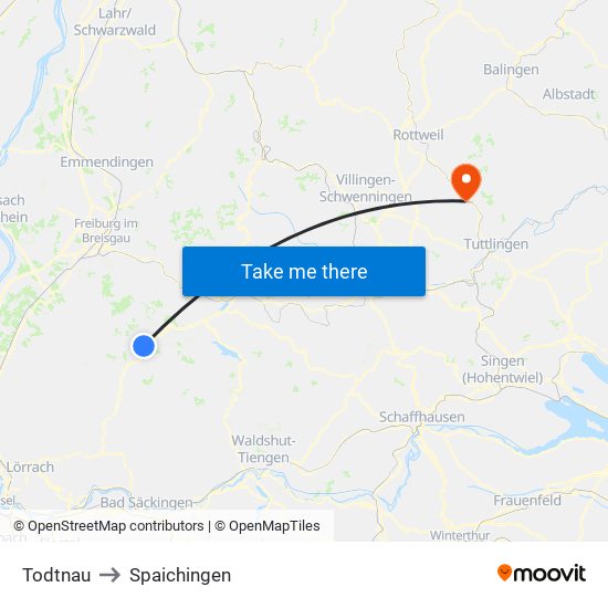 Todtnau to Spaichingen map