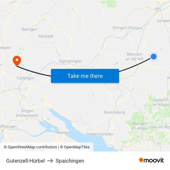 Gutenzell-Hürbel to Spaichingen map