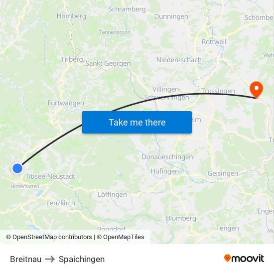 Breitnau to Spaichingen map