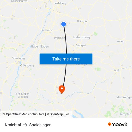 Kraichtal to Spaichingen map