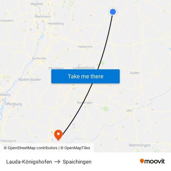 Lauda-Königshofen to Spaichingen map