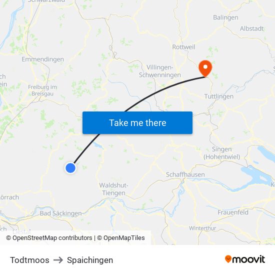 Todtmoos to Spaichingen map