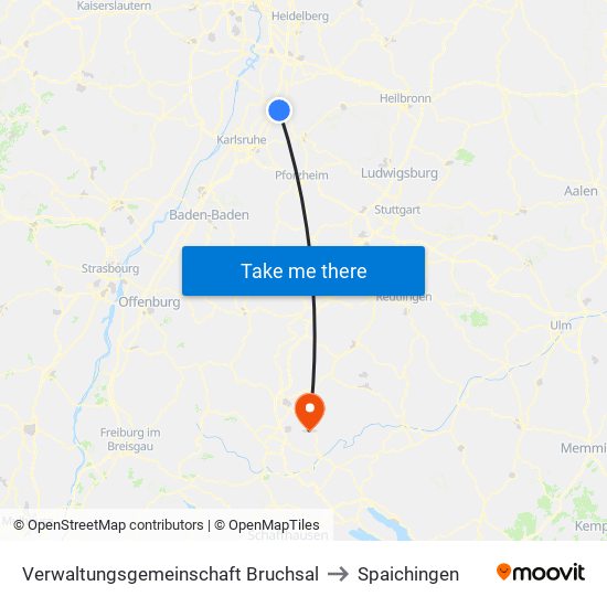Verwaltungsgemeinschaft Bruchsal to Spaichingen map