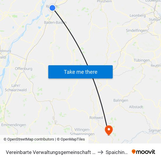 Vereinbarte Verwaltungsgemeinschaft Rastatt to Spaichingen map