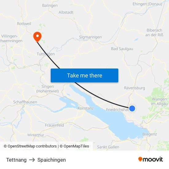 Tettnang to Spaichingen map