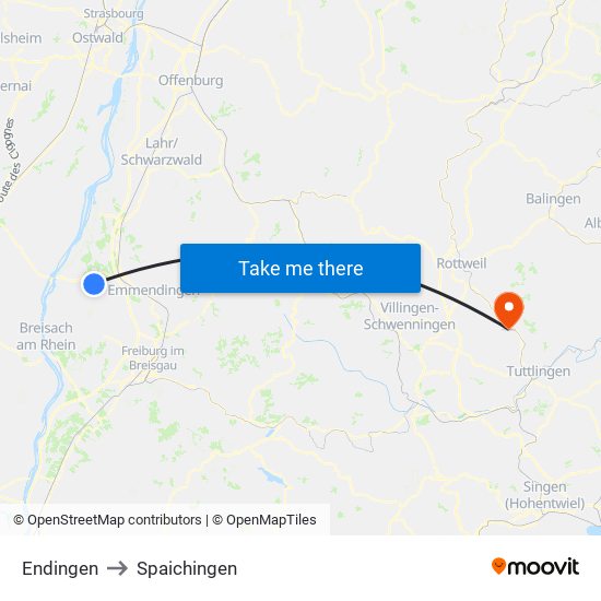 Endingen to Spaichingen map