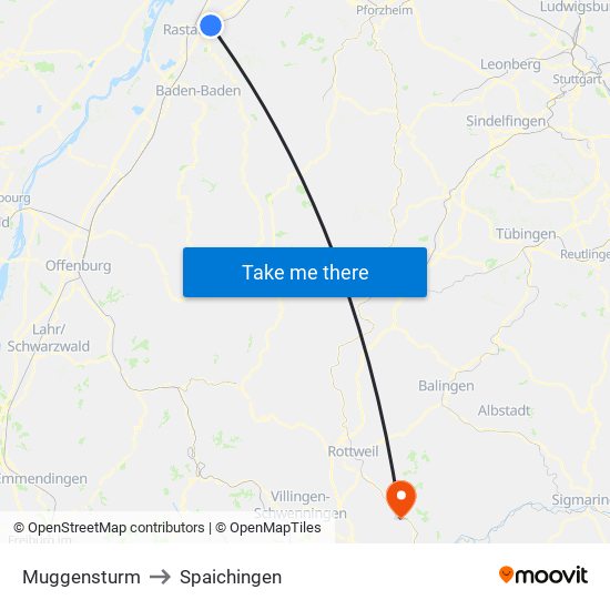 Muggensturm to Spaichingen map