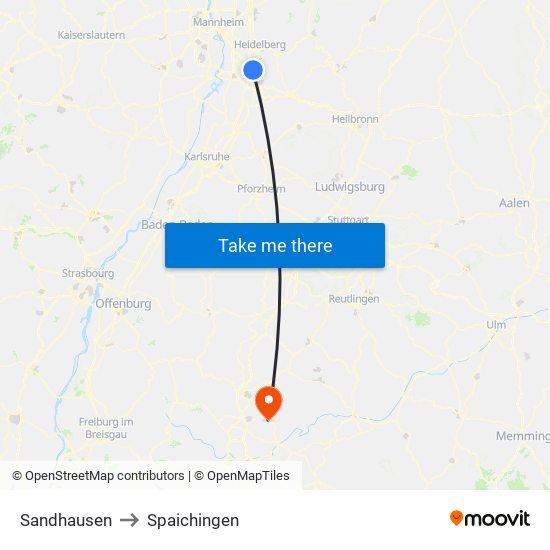 Sandhausen to Spaichingen map