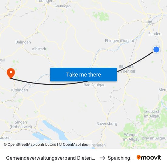 Gemeindeverwaltungsverband Dietenheim to Spaichingen map