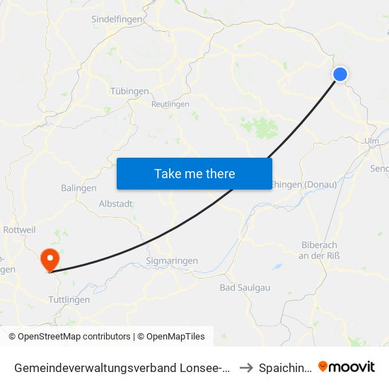 Gemeindeverwaltungsverband Lonsee-Amstetten to Spaichingen map