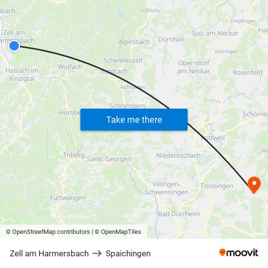 Zell am Harmersbach to Spaichingen map
