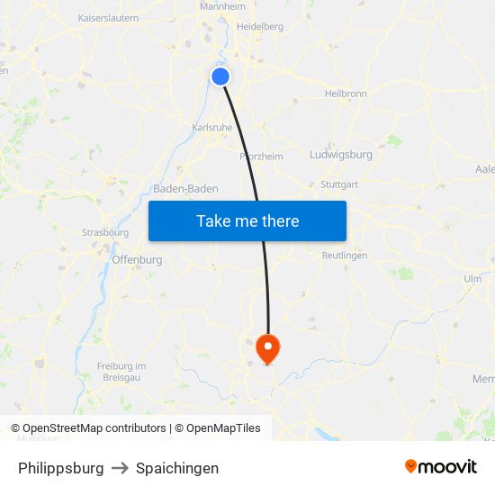 Philippsburg to Spaichingen map
