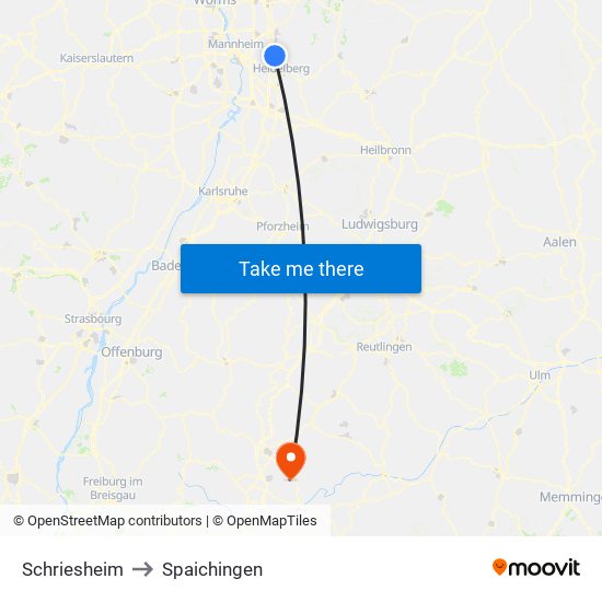 Schriesheim to Spaichingen map