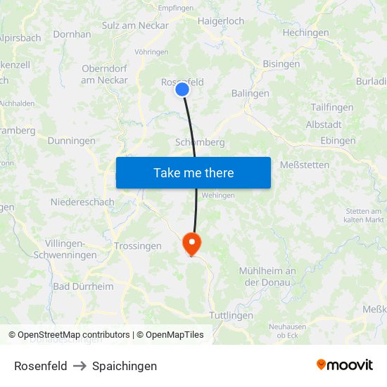 Rosenfeld to Spaichingen map