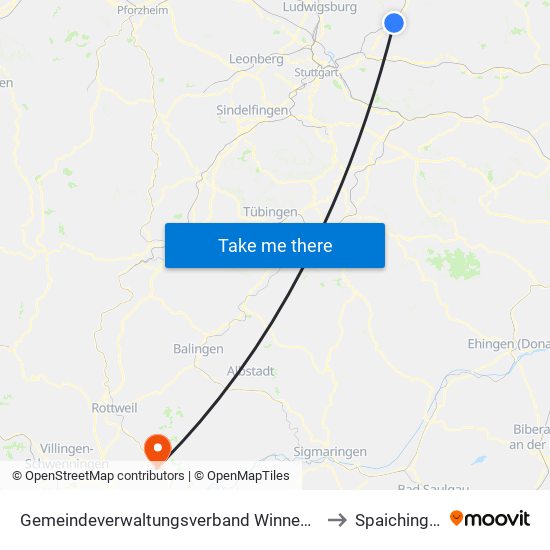 Gemeindeverwaltungsverband Winnenden to Spaichingen map