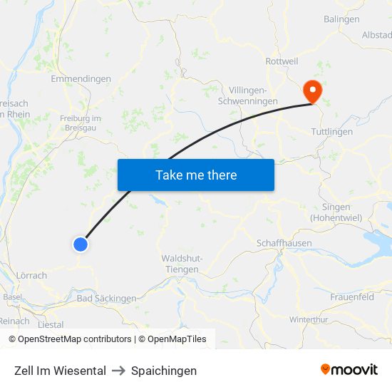 Zell Im Wiesental to Spaichingen map