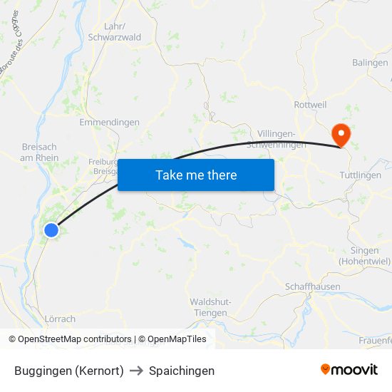 Buggingen (Kernort) to Spaichingen map