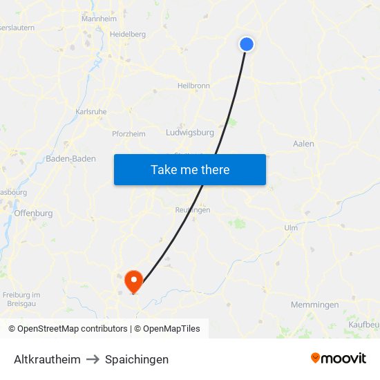 Altkrautheim to Spaichingen map