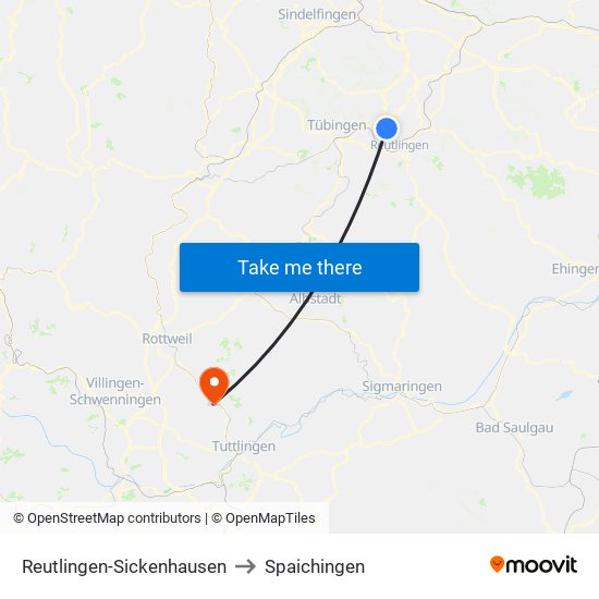 Reutlingen-Sickenhausen to Spaichingen map