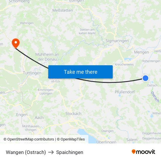 Wangen (Ostrach) to Spaichingen map