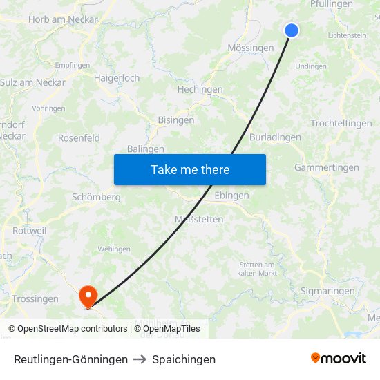 Reutlingen-Gönningen to Spaichingen map