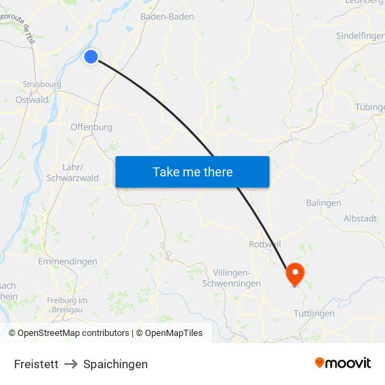 Freistett to Spaichingen map