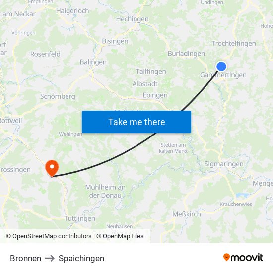 Bronnen to Spaichingen map