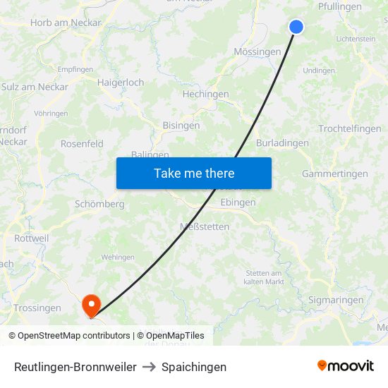 Reutlingen-Bronnweiler to Spaichingen map