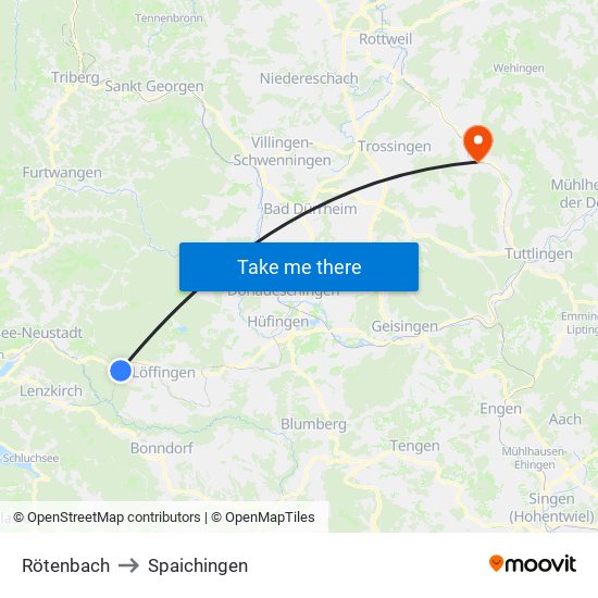 Rötenbach to Spaichingen map