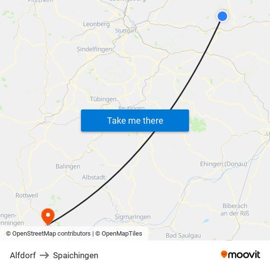 Alfdorf to Spaichingen map