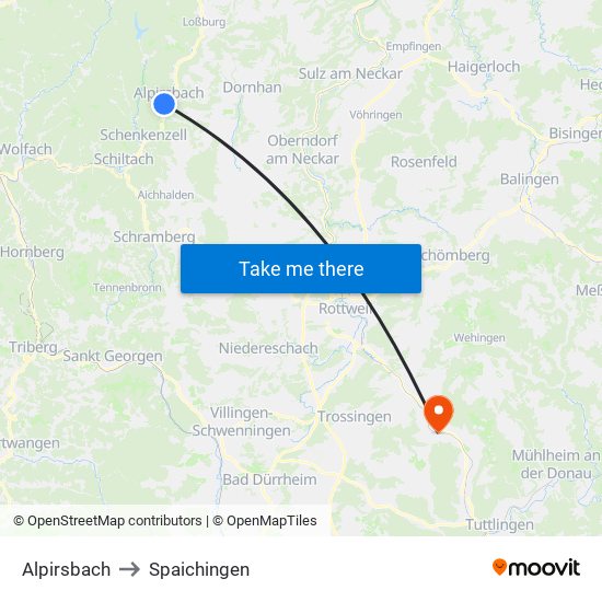 Alpirsbach to Spaichingen map