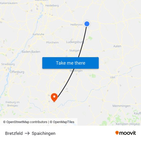 Bretzfeld to Spaichingen map