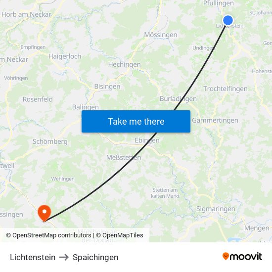 Lichtenstein to Spaichingen map