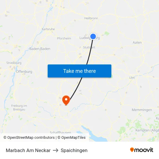 Marbach Am Neckar to Spaichingen map