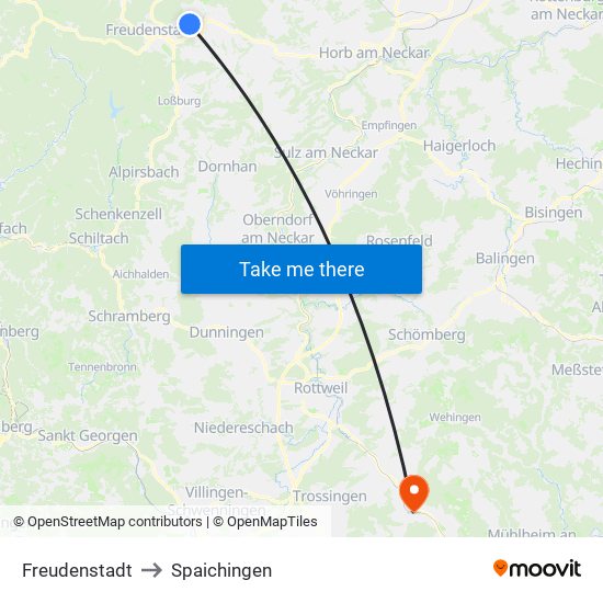 Freudenstadt to Spaichingen map