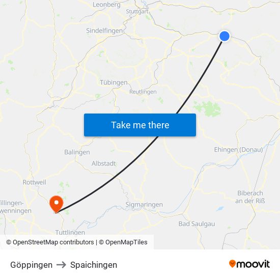 Göppingen to Spaichingen map