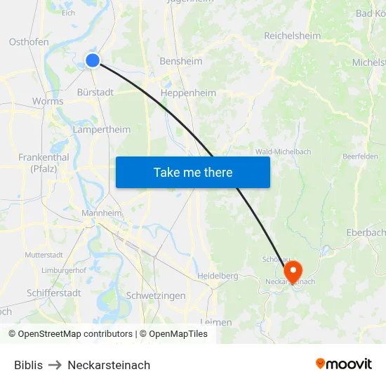 Biblis to Neckarsteinach map